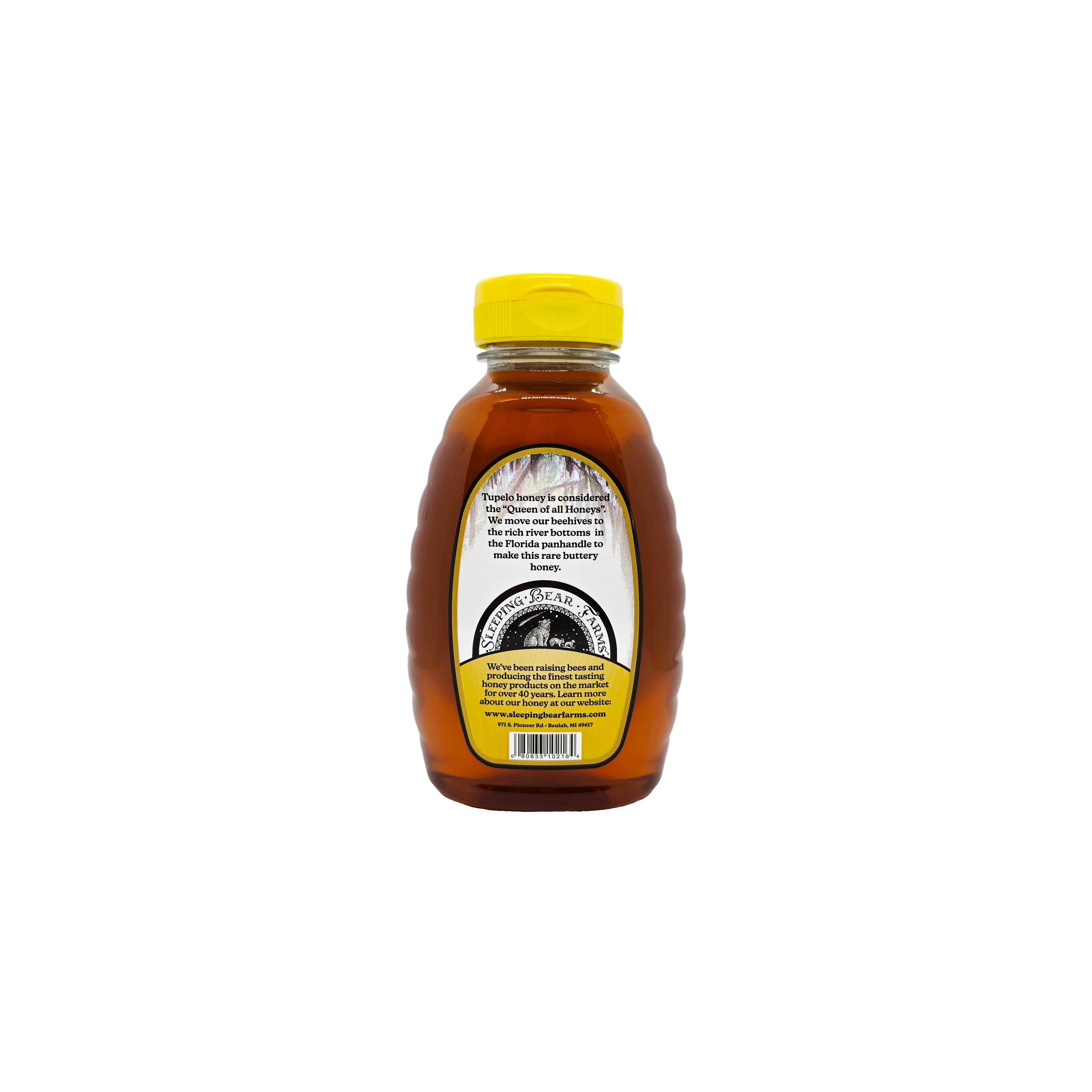 Rear view of a plastic squeeze bottle of Sleeping Bear Farms Tupelo honey